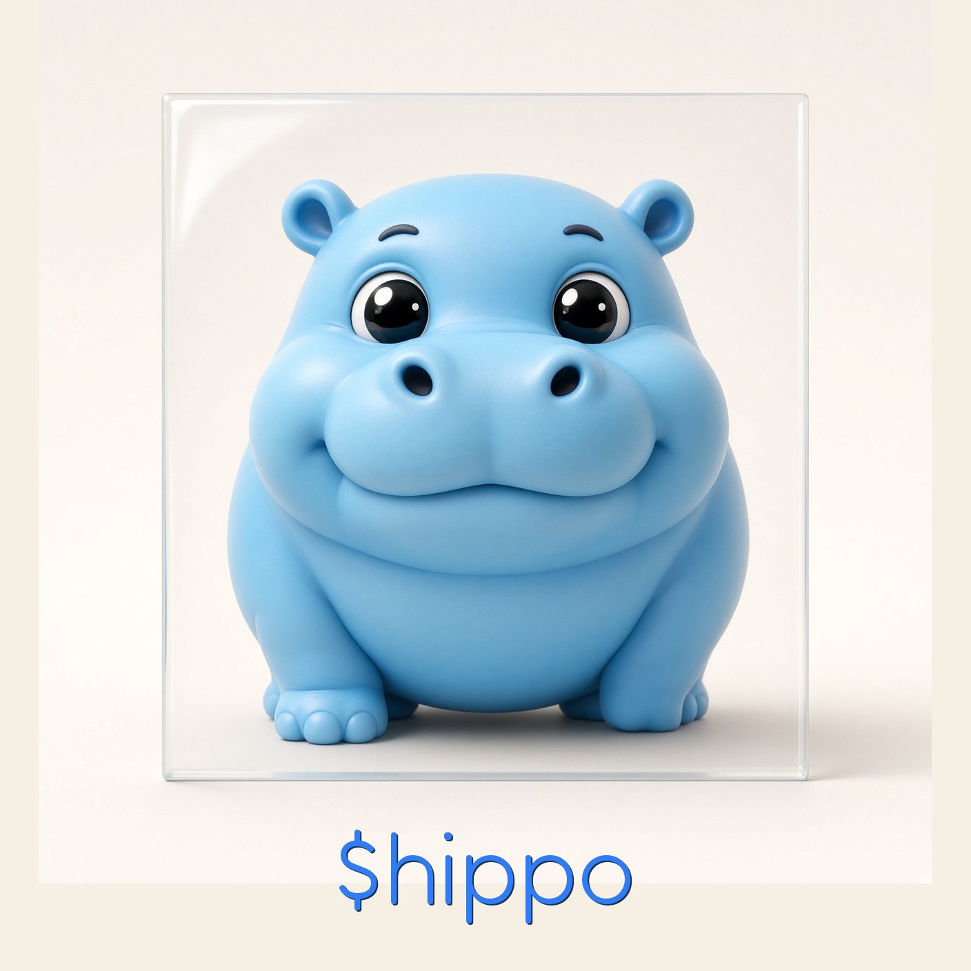 bright blue hippo stuck to glass, $hippo across the bottom