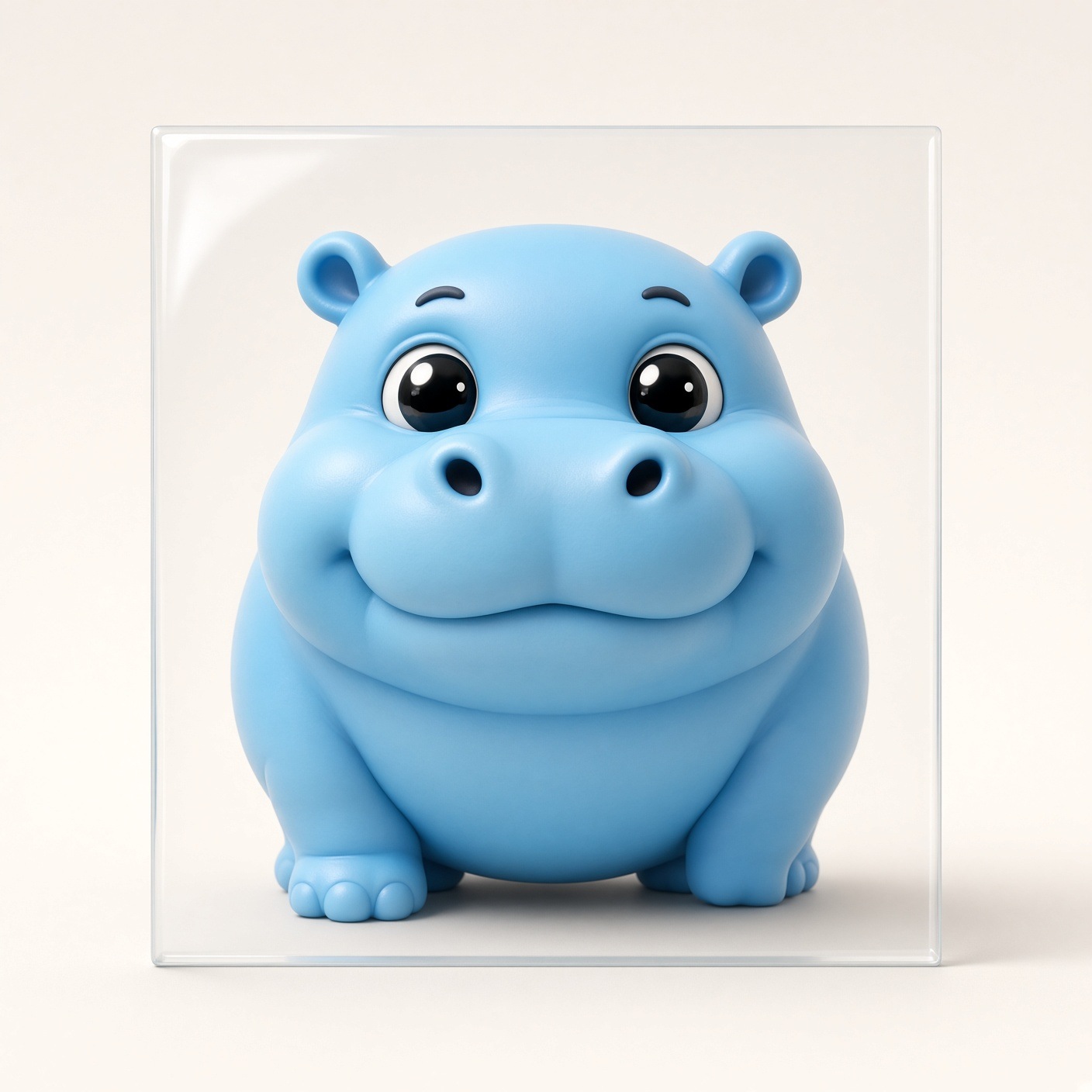 blue hippo stuck to glass, cream background